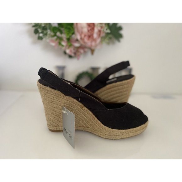 Metro 7 Black Canvas Platform Wedge‎ Espadrille Sandal  Women Jute Rope Size 7.5 - Picture 1 of 12